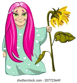 Cute small girl character with sunflower in hand