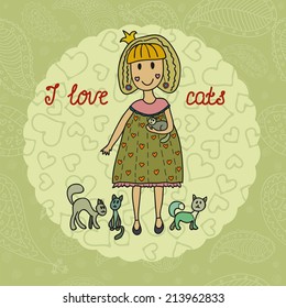 Cute small girl with her lovely cats. Vector illustration