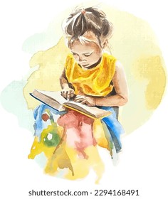 Cute small girl reading book