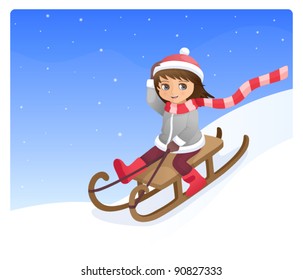 cute small girl riding down the hill on a sledge