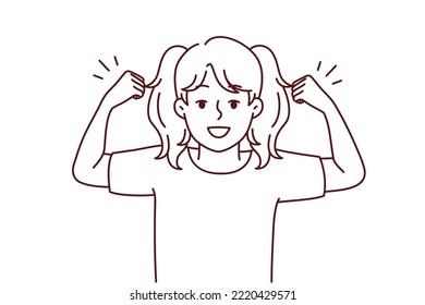 Cute small girl show muscles feeling powerful and strong. Smiling teen girl child demonstrate strength and power. Vector illustration.