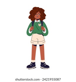 Cute small girl stands with backpack behind back. Happy kid holds hands on straps. Child, student smiles, carries school bag. Elementary education concept. Flat isolated vector illustration on white