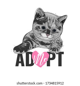 Cute small gray cat and text lettering ADOPT ME. Homeless little animal character. Pet adoption concept for design poster, banner, flyer. Vector illustration