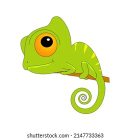 Pequeña lagartija de camaleón verde en una rama aislada de fondo blanco. Logo del animal de dibujos animados o diseño de iconos. Ilustración del vector 