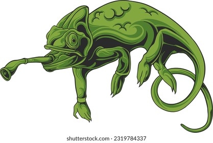 Pequeño camaleón verde pequeño caricatura lagarto diseño animal ilustración vectorial plana aislado en fondo blanco