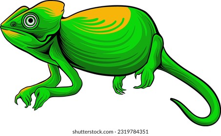 Cute small green chameleon lizard cartoon animal design flat vector illustration isolated on white background