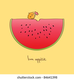Cute small hamster with a fork on a watermelonâ??s lobule