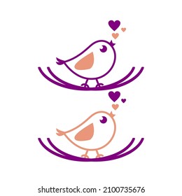 Cute Small Happy Singing Birds On A Nest, Outline Bird Design, Bird On Nest With Love Voice Illustration Concept