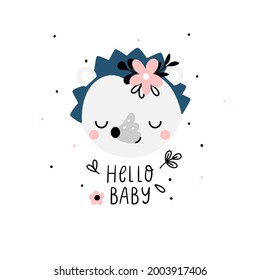 Cute small hedgehog decorated with flowers and text - hello baby, isolated on white background. Vector illustration in cartoon style. Kids print for nursery, baby clothes, poster, postcard.