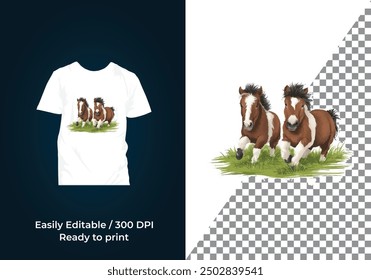 Cute small horse, Cartoon happy horse is running jumping smiling and looking with t-shirt design vector