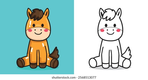 A cute small horse doll illustration for coloring book or design element isolated with white background