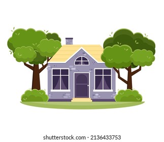 Cute Small House With Green Trees And Shrubs. Flat Style Vector Illustration Isolated On White Background. Summer Country House Facade. Brick House Exterior With Big Windows And Chimney. Front View