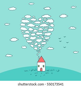 Cute small house with heart shaped flue - vector hand drawn illustration. Cozy sweet home for a family, sketched minimalistic style building. Valentines day or wedding card