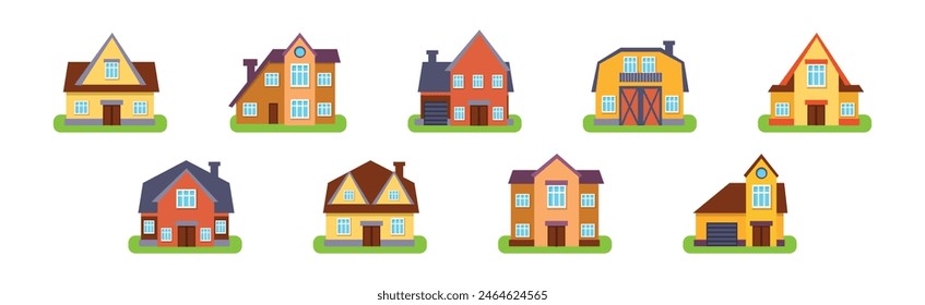 Cute Small House as Residential Building with Roof Vector Set