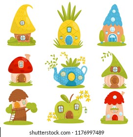 Cute small houses set, fairytale fantasy house for gnome, dwarf or elf vector Illustrations on a white background