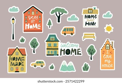 Cute small houses stickers with lettering. Funny cartoon home facades and cozy city elements, scandi style hipster emblems, vector set