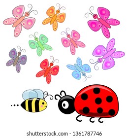 Cute small insects elements set, collection of coloring book template, group of outline digital elements illustration, kid game page.