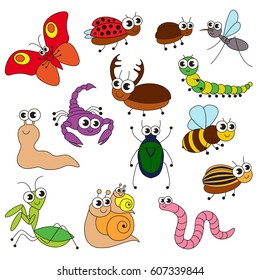 Cute small insects elements set, collection of coloring book template, the group of outline digital elements vector illustration, kid game page.