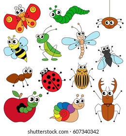 Cute small insects elements set, collection of coloring book template, the group of outline digital elements vector illustration, kid game page.