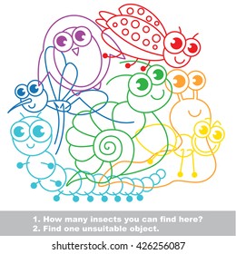 Cute small insects. The simple mishmash colorful set in vector. Find all hidden objects on the picture. Find one unfit object. Visual game for children. The easy level.