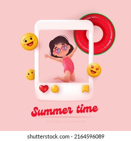 Cute small kid girl in Social media photo frame. Summer time. Vector illustration in cartoon 3D style