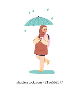 Cute small kid girl walking under umbrella in rainy weather happy smiling. Schoolgirl child in safety from rain with parasol. Children and rain concept. Cartoon flat vector illustration