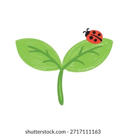 Pequeña mariquita linda en la hoja verde, ilustración abstracta de los niños