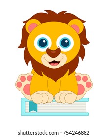 cute small lion character caricature color bright yellow with brown and pink sitting happily over a light blue turquoise thick book learning school animal icon logo for  teaching and reading 