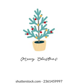 lindo pequeño árbol de Navidad en una olla, tarjeta de navidad con letras