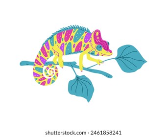 Cute small multi-colored spotted chameleon on branch with leaves. Cartoon tropical lizard, predator animal flat vector illustration isolated on white. Exotic guana pet from the wild jungle