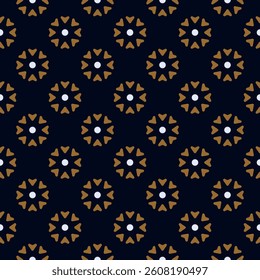 Cute small orange flowers pattern round heart shapes motif continuous classic blue background. Modern decoration floral fabric design textile swatch ladies dress, men's shirt all over print block.