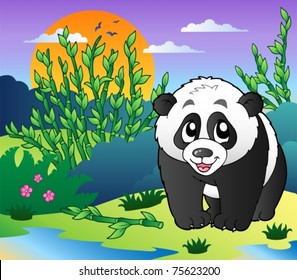 Cute small panda in bamboo forest - vector illustration.
