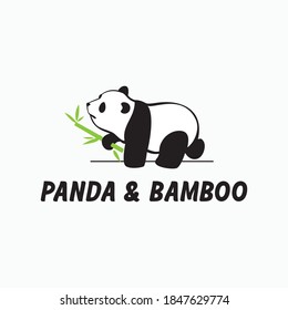 Cute small panda cub walking with bamboo stick on hand flat simple logo vector design template