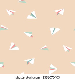 Cute small paper planes print. Pastel seamless vector pattern. White planes flying on pink background. Ideal for summer shirts, dresses, kids wear, bags, resort apparel, textile, paper, stationery.
