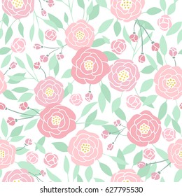 Cute small pastel peony flowers on white. Vector hand drawn seamless pattern. Background