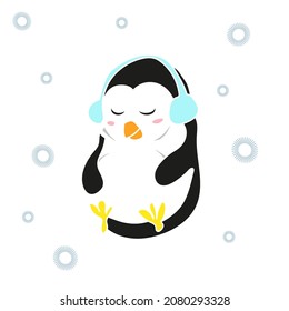 Cute small penguin in headphones and snowflakes. Flat style vector illustration for kids. Concept for minimalist print, logo, label, symbol, card, banner, poster, flyer