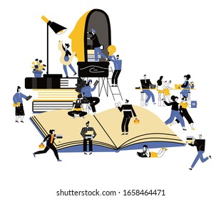 Cute small people reading giant textbooks, fairytales, science fiction. Concept of readers at library, literature lovers or fans,book world. Colorful trendy vector illustration inmodern flat cartoon 