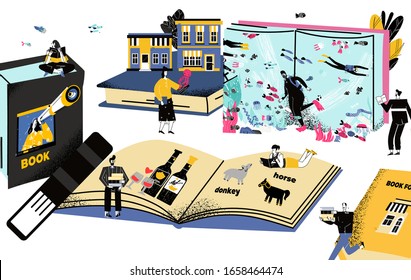 Pequeñas personas lindas leyendo libros de texto gigantes, cuentos de hadas, ciencia ficción. Concepto de lectores en biblioteca, amantes de la literatura o fans, mundo del libro. Dibujo vectorial colorido y moderno en caricatura plana 