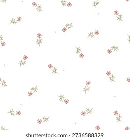 Cute small pink flower and dots on white background. Vector illustration with hand drawn flowers.