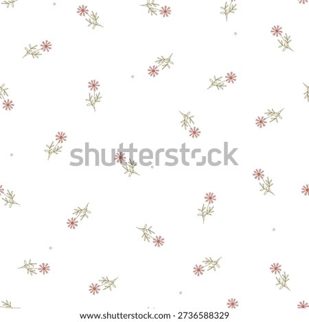 Cute small pink flower and dots on white background. Vector illustration with hand drawn flowers.
