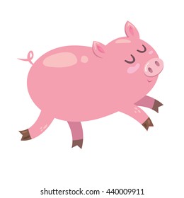 Cute small pink piglet. The pig is very happy and lovely. Isolated illustration on white background