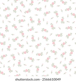 Cute small pink piony roses flower with green leaves seamless pattern of ditsy preppy style for girl and woman dress, fashion floral fabric print textile. Vector illustration