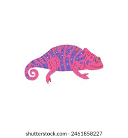 Cute small pink purple striped chameleon flat vector illustration. Cartoon tropical lizard, predator animal isolated on white. Exotic guana pet from the wild jungle