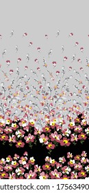 cute small pink vector flowers with leaves border body pattern on black and grey background