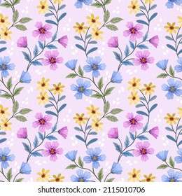 Cute small pink yellow and blue flowers with green leaf seamless pattern.