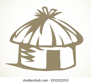 Cute small poor aged round travel real rest reed cover roof barn. Retro white black hand drawn pet kenya rustic farm hutch dwell villa wood  door nature relax sketch logo art vintage line doodle style