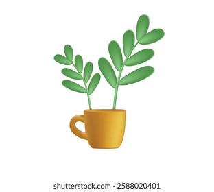 Cute small Potted home plant 3D illustration, ceramic pot, cup with indoor type of flower. House Plant 3D. Hygge style. Isolated on white background. Modern vector illustration