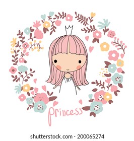 Cute small princess. Childish vector card in beautiful flowers. 