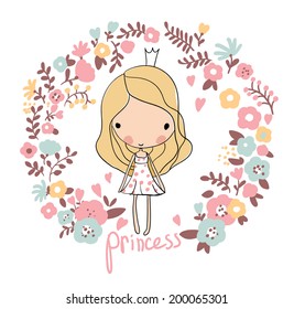 Cute small princess. Childish vector card in beautiful flowers.  