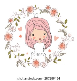 Cute small princess. Childish vector card in beautiful flowers. 